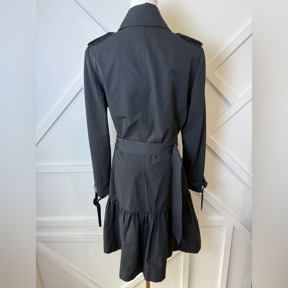 Per Se Black Ruffle Hem Trench Coat Dress Belted Double Breasted Size 6 - Picture 6 of 11